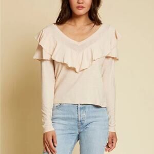 NATION LTD KELSEY RUFFLED ROMANCE TEE Antique Long Sleeve V Neck Small